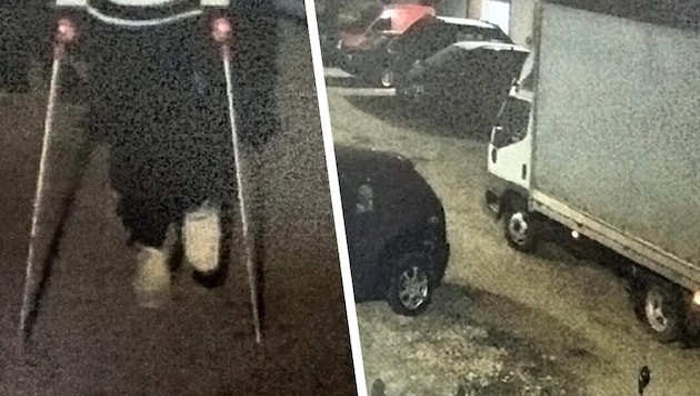 Auf Krücken humpelt der Mittäter über den privaten Parkplatz. Dann fand das Duo den unversperrten Lastwagen und fuhr damit los.