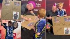 Der kleine Tobias wurde für sein Plakat gefeiert und wurde von Darts-Superstar Peter Wright überrascht. (Bild: krone.at)