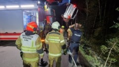 Einsatzkräfte vor Ort nach dem Pkw-Absturz. (Bild: FF Neukirchen a. G., Krone KREATIV)