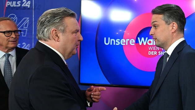 Wien wählt links – da können (Ex-)ÖVP-Chef Karl Mahrer und FPÖ-Chef Dominik Nepp noch so gegen Bürgermeister Ludwig schießen. (Bild: APA/HELMUT FOHRINGER)