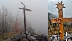 Wo einst das Gipfelkreuz (r.) montiert war, steht nur mehr die Halterung (l.).