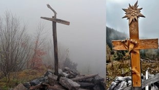 Wo einst das Gipfelkreuz (r.) montiert war, steht nur mehr die Halterung (l.). (Bild: Krone KREATIV/zVg)