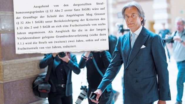 Karl-Heinz Grasser im März im Wiener Justizpalast. (Bild: Krone KREATIV/Eva Manhart)