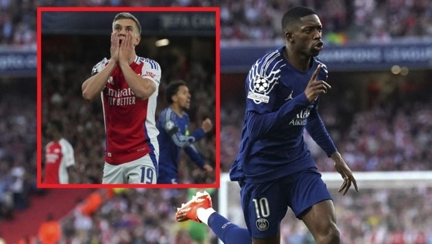 Entsetzen bei den „Gunners“, große Freude bei Ousmane Dembélé und seinen PSG-Kickern (Bild: AP)