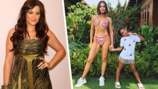 Khloé Kardashian (am Bild links im Jahr 2008) sorgt mit einem Foto aus dem Urlaub (rechts) für Aufsehen. So hart waren ihre Bauchmuskeln noch nie! (Bild: Krone KREATIV/Viennareport/Instagram APA/Noel Vasquez / Getty Images North America / AFP)