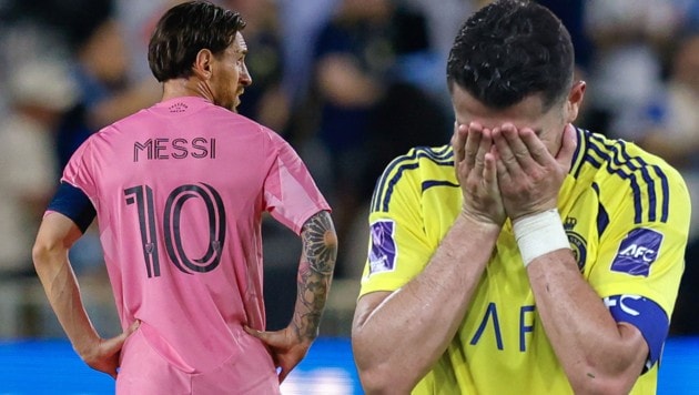 Frust bei Lionel Messi und Cristiano Ronaldo (Bild: Krone KREATIV/APA/AFP/Chris Arjoon, APA)