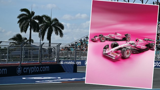 Die Racing Bulls setzen in Miami auf eine pinke Lackierung. (Bild: Krone KREATIV/APA/AFP/Jim WATSON, instagram.com/visacashapprb)