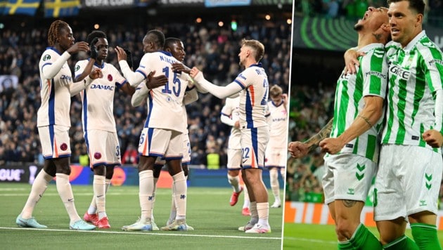 Chelsea feierte einen souveränen 4:1-Sieg gegen Djurgarden, Betis Sevilla bejubelte einen 2:1-Erfolg über den AC Florenz. (Bild: Krone KREATIV/APA/AFP/Jonathan NACKSTRAND, ASSOCIATED PRESS/Jose Breton)