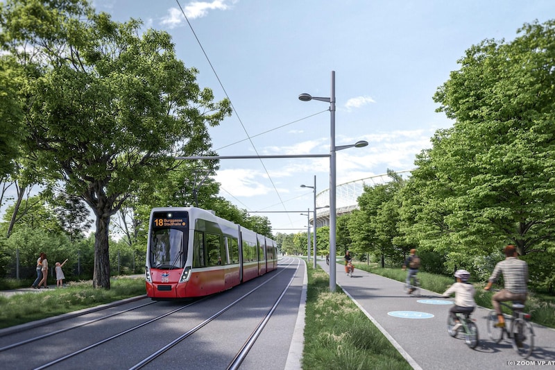 Ab Herbst 2026 fährt die Straßenbahn-Linie 18 von der U2-Station Stadion bis zur U6-Station Burggasse-Stadthalle. Die Fahrbahn für Autos entfällt. (Bild: Stadt Wien/ZOOMVP.AT)