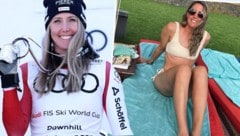 Conny Hütter, links noch mit ihrer Medaille für Platz zwei im Abfahrtsweltcup in Sun Valley, rechts schon ganz im Sommermodus auf den Kapverden (Bild: AP/APA/Getty Images via AFP/GETTY IMAGES/EZRA SHAW, Instgram.com/connyhuetter)