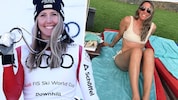 Conny Hütter, links noch mit ihrer Medaille für Platz zwei im Abfahrtsweltcup in Sun Valley, rechts schon ganz im Sommermodus auf den Kapverden (Bild: AP/APA/Getty Images via AFP/GETTY IMAGES/EZRA SHAW, Instgram.com/connyhuetter)