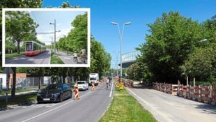 Künftig werden nur noch die Linie 18 und Fahrräder die Hauptallee im Prater queren. Für Autos ist hier bald kein Platz mehr. (Bild: Krone KREATIV/Mario Urbantschitsch, Stadt Wien/ZOOMVP.at)