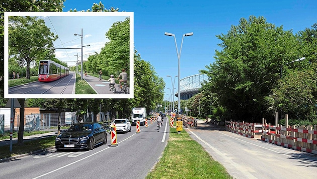 Künftig werden nur noch die Linie 18 und Fahrräder die Hauptallee im Prater queren. Für Autos ist hier bald kein Platz mehr. (Bild: Krone KREATIV/Mario Urbantschitsch, Stadt Wien/ZOOMVP.at)