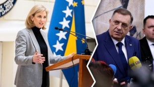 Meinl-Reisinger wurde von Dodik übel beschimpft. (Bild: APA/AFP/Krone KREATIV)