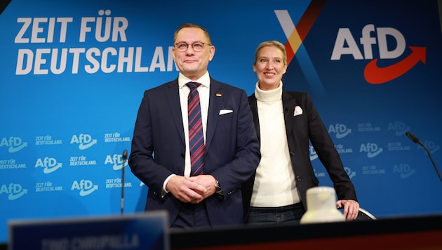 Der Verfassungsschutz hielt fest, dass auch Aussagen der Parteichefs Tino Chrupalla (50) und Alice Weidel (46) rechtsextrem seien. (Bild: EPA/CLEMENS BILAN)