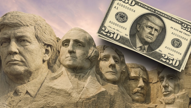 Anlässlich des 250-Jahre-Jubiläums der amerikanischen Unabhängigkeitserklärung will Donald Trump sich verewigen. (Bild: Krone KREATIV/ChatGPT)