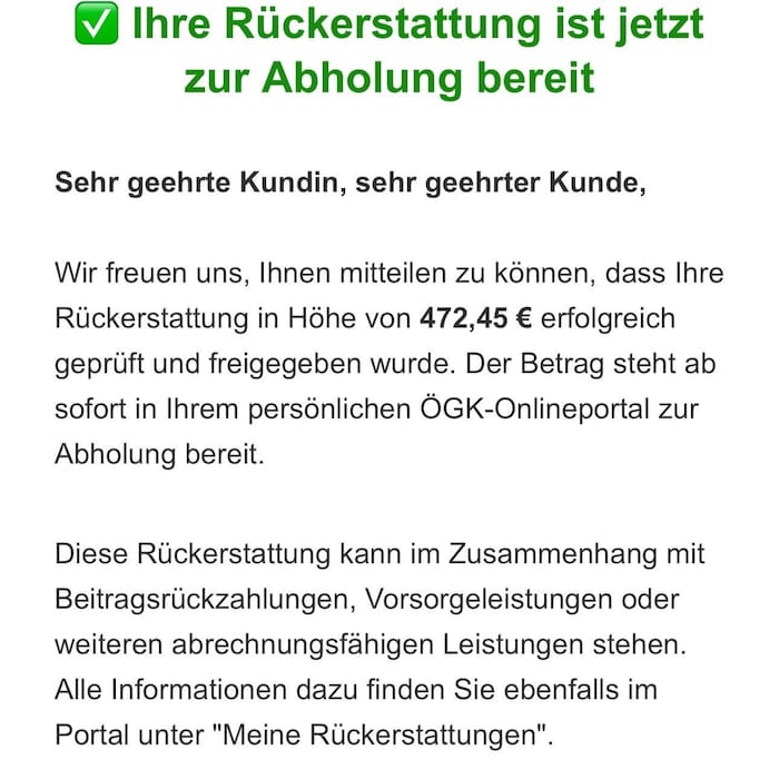 Die vermeintliche Rückerstattung führt auf eine kriminelle Plattform.