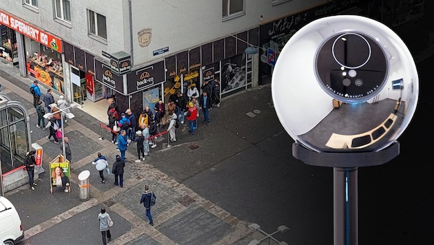 Menschenschlangen warten in der Favoritenstraße darauf, ihre biometrischen Daten dem „Orb“ preiszugeben. (Bild: Krone KREATIV/zur Verfügung gestellt, Ines Strohmayer)