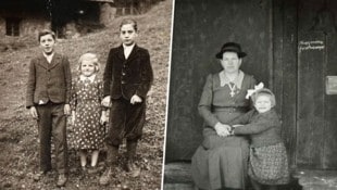 Katl mit ihren jungen Onkels Xander und Peter – und mit ihrer Oma Magdalena, die das goldene Mutterkreuz trägt. (Bild: Steiner Clara Milena)