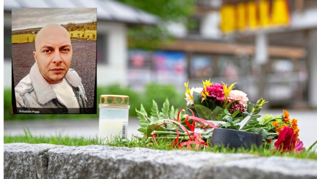 Blumen am Parkplatz, auf dem Jenny starb. Nach Krisztof P. wird gefahndet. (Bild: Krone KREATIV/Kerstin Jönsson, LPD Salzburg)