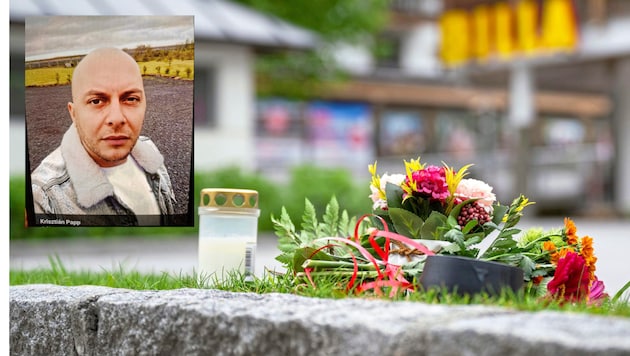 Blumen am Parkplatz, auf dem Jenny starb. Nach Krisztian Papp wird gefahndet. (Bild: Krone KREATIV/Kerstin Jönsson, LPD Salzburg)