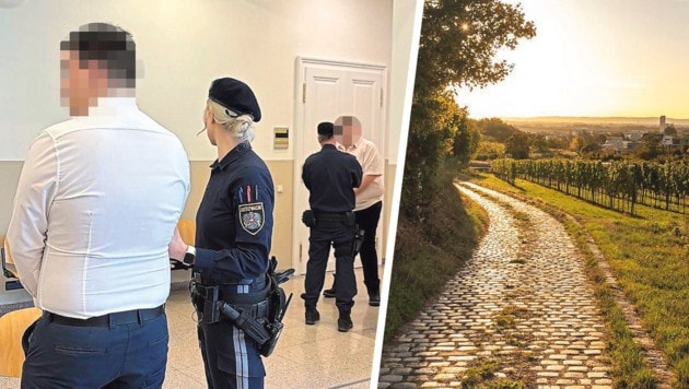 Auf einem Feldweg bei Möllersdorf kam es im November zu der Vergewaltigung. Der Erstangeklagte (li.) ist geständig. (Bild: Krone KREATIV/Stefan – stock.adobe.com)