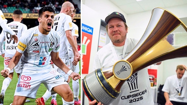 Dejan Zukic motivierte seine Spieler auf eine kuriose Art und Weise, da auch Zeugwart Torsten Lenart (re.) gefiel. (Bild: GEPA)
