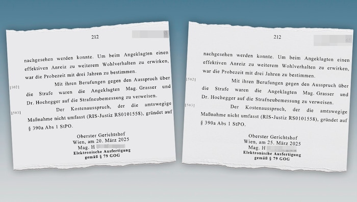 Zuerst war das Urteil mit 20. März datiert, jetzt steht dort der 25. März (re.).