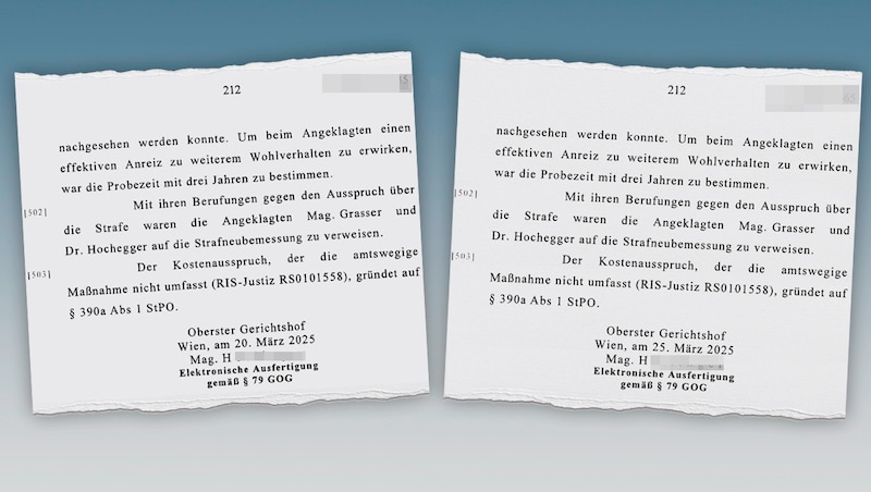 Zuerst war das Urteil mit 20. März datiert, jetzt steht dort der 25. März (re.). (Bild: Krone KREATIV/Anja Richter, Krone KREATIV)