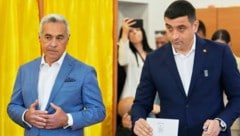 George Simion bei seiner Stimmabgabe. Begleitet wurde der Rechtsaußen-Politiker von Calin Georgescu, dem Gewinner der im Vorjahr annullierten Präsidentenwahl. (Bild: AP/Vadim Ghirda)
