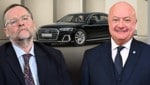 Die Wahl von Staatssekretär Schellhorn als Dienstwagen lässt derzeit die Emotionen hochgehen. Kanzler Stocker fährt dasselbe Modell. (Bild: Krone KREATIV/Max Slovencik, Hans Klaus Techt/APA/picturedesk.com, AUDI)
