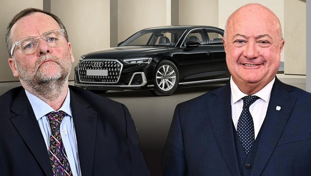 Die Wahl von Staatssekretär Schellhorn als Dienstwagen lässt derzeit die Emotionen hochgehen. Kanzler Stocker fährt dasselbe Modell. (Bild: Krone KREATIV/Max Slovencik, Hans Klaus Techt/APA/picturedesk.com, AUDI)