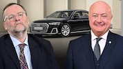 Die Wahl von Staatssekretär Schellhorn als Dienstwagen lässt derzeit die Emotionen hochgehen. Kanzler Stocker fährt dasselbe Modell. (Bild: Krone KREATIV/Max Slovencik, Hans Klaus Techt/APA/picturedesk.com, AUDI)