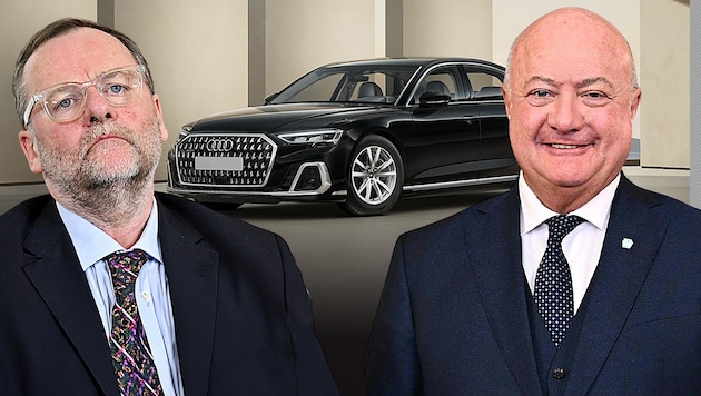 Die Wahl von Staatssekretär Schellhorn als Dienstwagen lässt derzeit die Emotionen hochgehen. Kanzler Stocker fährt dasselbe Modell. (Bild: Krone KREATIV/Max Slovencik, Hans Klaus Techt/APA/picturedesk.com, AUDI)