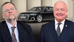 Die Wahl von Staatssekretär Schellhorn als Dienstwagen lässt derzeit die Emotionen hochgehen. Kanzler Stocker fährt dasselbe Modell. (Bild: Krone KREATIV/Max Slovencik, Hans Klaus Techt/APA/picturedesk.com, AUDI)