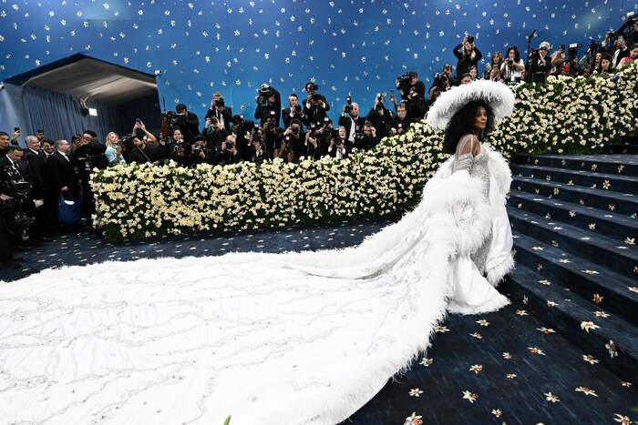 Diana Ross tauchte mit fedriger Riesenschleppe auf.