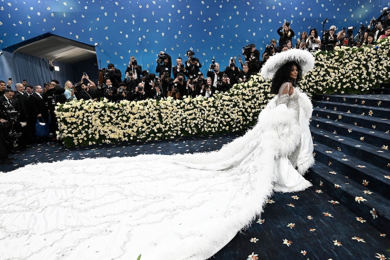 Diana Ross tauchte mit fedriger Riesenschleppe auf. (Bild: AP/Evan Agostini)