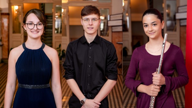 Annalena Klem (links), Julius Constantin Schantl (mitte) und Alicia Bleuse (rechts) ringen in der Kategorie Blasinstrumente um die Goldene Note. (Bild: Foto:ORF/Roman Zach-Kiesling Roman Zach-Kiesling- Roman Zach-Kiesling)