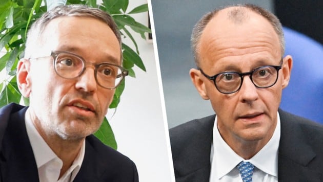 Herbert Kickl freut sich, dass Friedrich Merz in der ersten Runde der deutschen Kanzlerwahl gescheitert ist. (Bild: Krone KREATIV/ Klemens Groh AFP/Ralf Hirschberger)