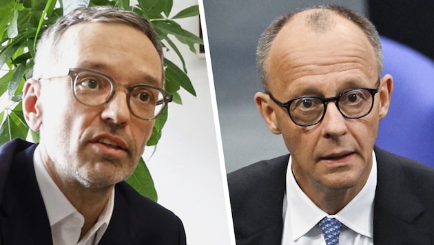 Herbert Kickl freut sich, dass Friedrich Merz in der ersten Runde der deutschen Kanzlerwahl gescheitert ist. (Bild: Krone KREATIV/ Klemens Groh AFP/Ralf Hirschberger)