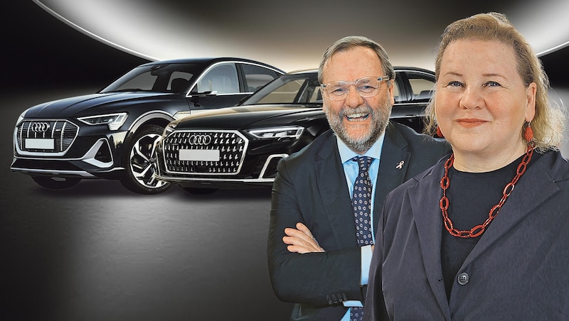 Auslöser für die Dienstauto-Debatte war Josef Schellhorn. Der Neos-Staatssekretär orderte einen Luxus Audi A8. Sozialministerin Korinna Schumann konnte zwischen zwei Autos wählen. (Bild: Krone KREATIV/Alexander Tuma, Martin Jöchl, AUDI (2), stockadobe.com)