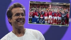 Hollywood-Schauspieler Ryan Reynolds sprach über den historischen Aufstieg seines Klubs Wrexham AFC. (Bild: Krone KREATIV/Marcus Brandt / dpa / picturedesk.com, Associated Press/Jon Super)