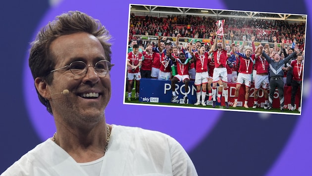 Hollywood-Schauspieler Ryan Reynolds sprach über den historischen Aufstieg seines Klubs Wrexham AFC. (Bild: Krone KREATIV/Marcus Brandt / dpa / picturedesk.com, Associated Press/Jon Super)