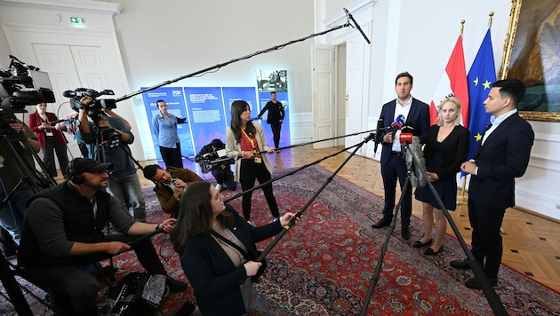 Staatssekretär Alexander Pröll (ÖVP), Staatssekretärin Michaela Schmidt (SPÖ) und NEOS-Klubobmann Yannick Shetty beim Doorstep des Ministerrats (Bild: APA/HELMUT FOHRINGER)