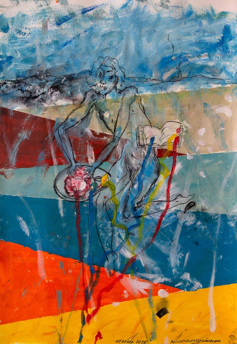„Regenbogenergänzung“, 2025, Mischtechnik auf Karton, 63 x 44 cm (Bild: Galerie Ernst Hilger)