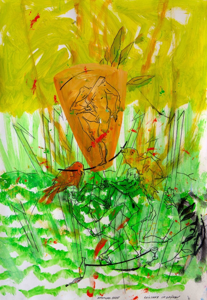 „Seiltanz im Grünen“, 2025, Mischtechnik auf Karton, 63 x 44 cm (Bild: Galerie Ernst Hilger)