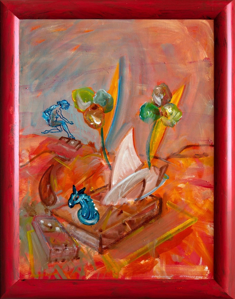 „Dominolauf“, 2025, Öl auf Leinwand, 95 x 72 cm (Bild: Galerie Ernst Hilger)