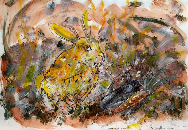 „Dürers Enkel“, 2025, Mischtechnik auf Karton, 44 x 63 cm (Bild: Galerie Ernst Hilger)