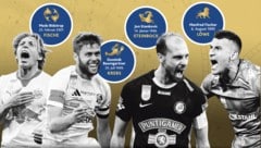 Die Kapitäne der vier Titelanwärter Salzburg, WAC, Sturm und Austria (v. li.) (Bild: Krone KREATIV/APA/picturedesc.com, GEPA pictures (3), Andreas Tröster, stock.adobe.com)