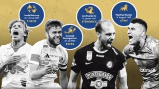 Die Kapitäne der vier Titelanwärter Salzburg, WAC, Sturm und Austria (v. li.) (Bild: Krone KREATIV/APA/picturedesc.com, GEPA pictures (3), Andreas Tröster, stock.adobe.com)